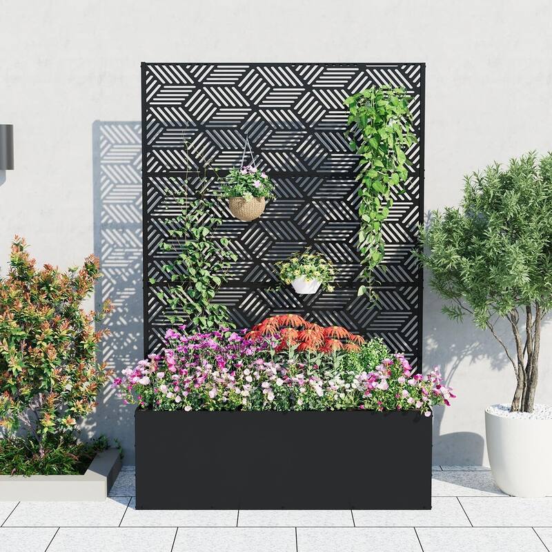 Metal Privacy Screen Planter Box, Raised Garden Bed for Climbing Plants, Veggies, Parallel Style - Black