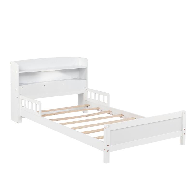 Twin Size Pine Bed w/ Bookcase Headboard ,LED Sensor Light, Guardrails