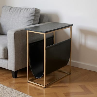 HomeRoots 22" Green and Gold Marble and Iron Frame End Table With Magazine Holder - 17.50 in. x 22.00 in. x 9.00 in.