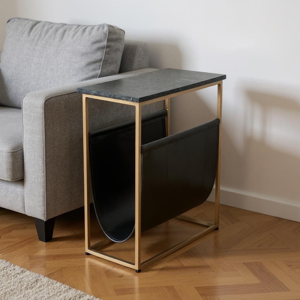 HomeRoots 22" Green and Gold Marble and Iron Frame End Table With Magazine Holder - 17.50 in. x 22.00 in. x 9.00 in.
