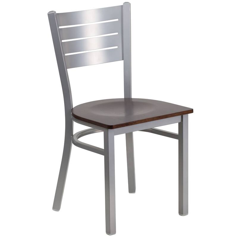 Slat Back Metal Restaurant Chair - 16.5"W x 19"D x 33.5"H - 16.5"W x 19"D x 33.5"H - walnut wood seat/silver frame