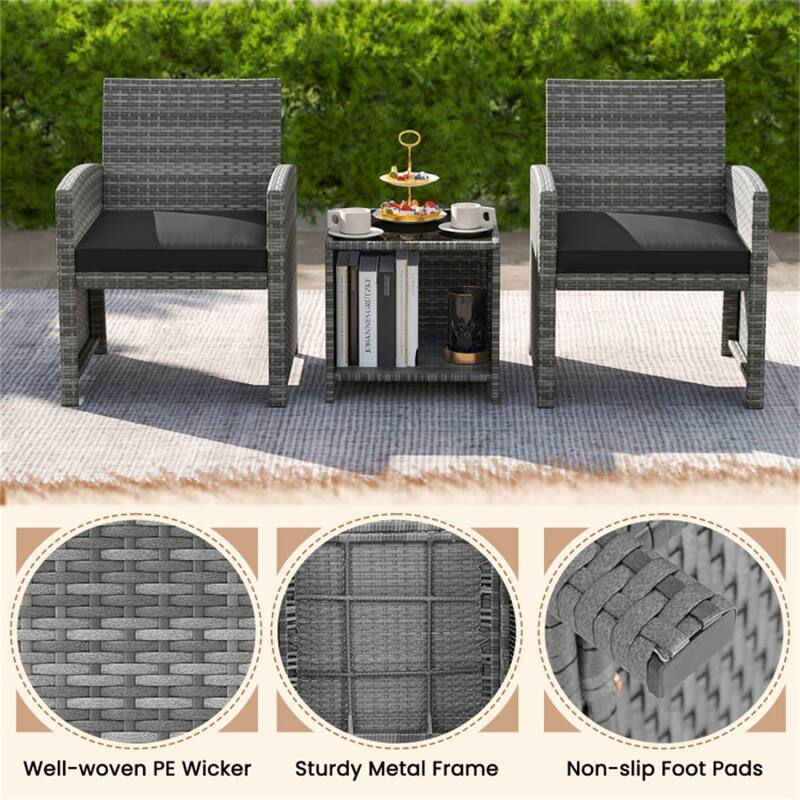 2-Piece Rattan Bistro Set with Comfortable Cushions and Tempered Glass Table Outdoor Patio - Table: 18" × 18" × 17"