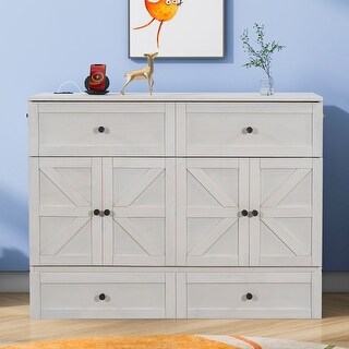 Full Size Murphy Platform Bed with USB Port and a Large Drawer, Space-Saving Wall Bed,Cabinet Hideaway Storage Bed, White