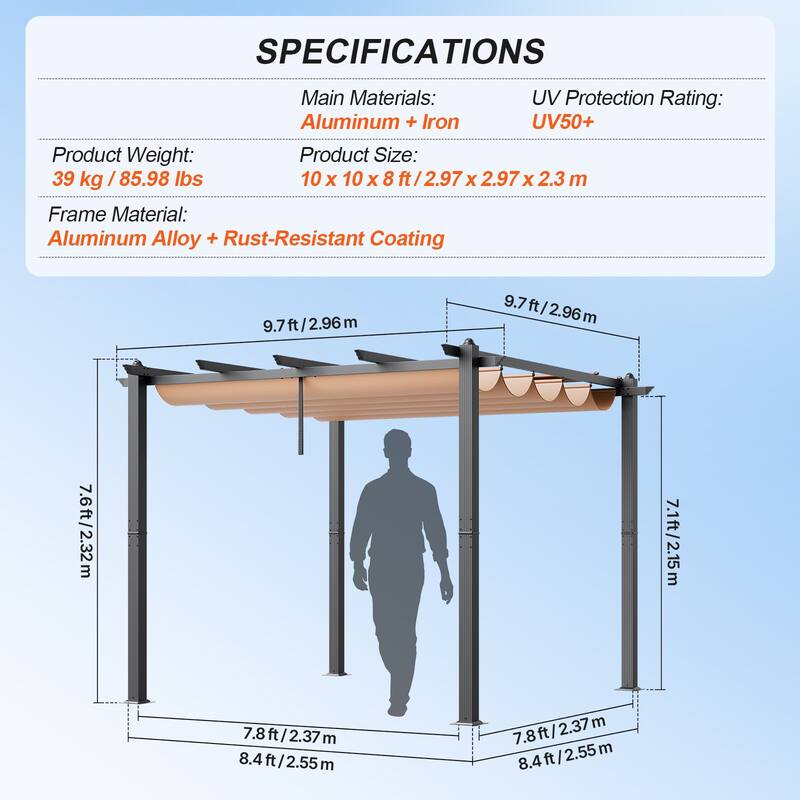10 x 10 Feet Outdoor Retractable Pergola with Sunshade Canopy and Heavy-Duty Aluminum Frame