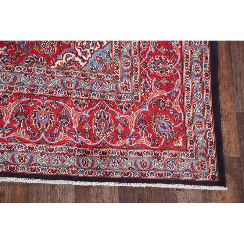 Hand Knotted Oriental 100% Wool Carpet Traditional Floral Navy Blue & Blues Mashad Area Rug - 12' 7'' X 9' 7''