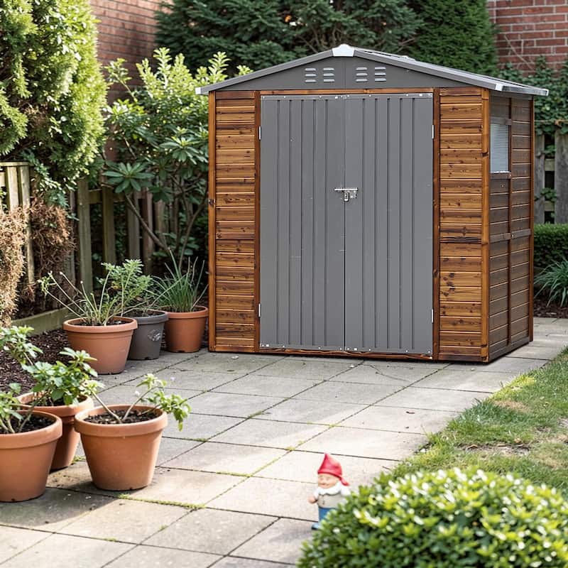 4x6 FT Wood Storage Shed with Metal Roof, Outdoor Garden Tool Shed with Double Doors, Windows and Ventilation