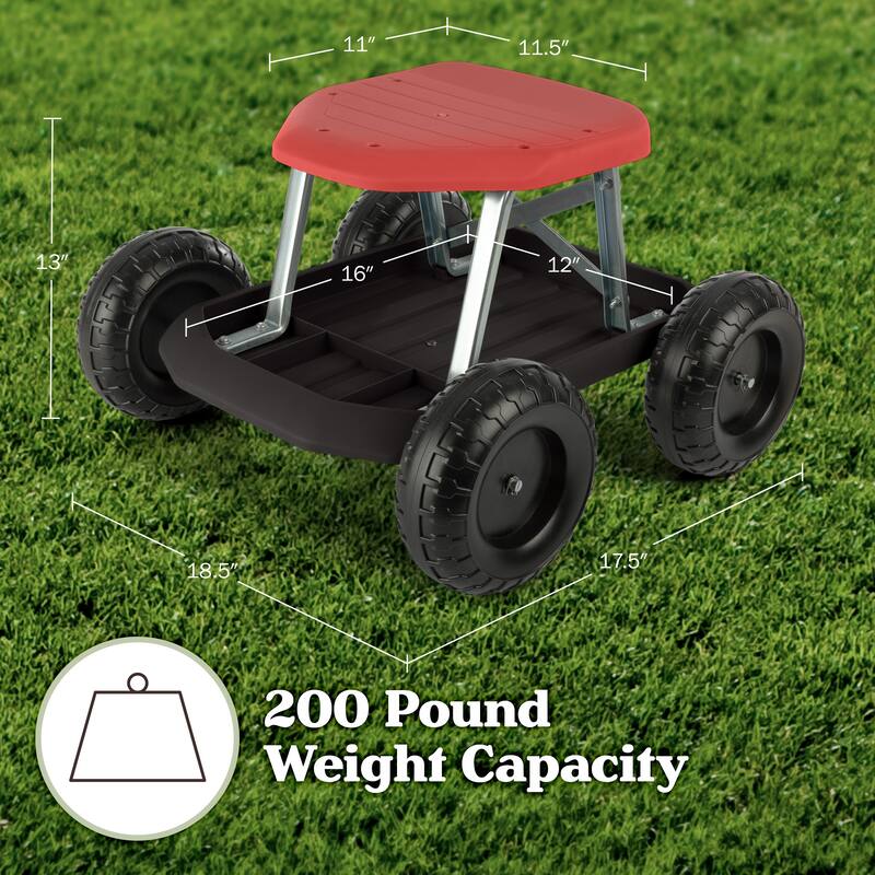 Gardening Stool - Rolling Garden Seat with Wheels and Storage Tool Tray by Pure Garden