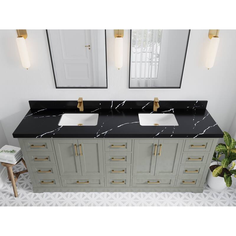 Willow Collection 84 in W x 22 in D x 36 in H Boston Double Bowl Sink Bathroom Vanity with Countertop - 2"Calacatta Black - Evergreen