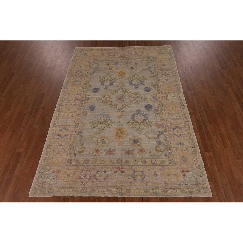 Oushak Turkish Vegetable Dye Area Rug Handmade Beige Wool Carpet - 6'2"x 8'10"
