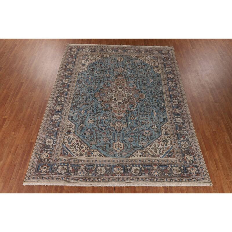 Light Blue Distressed Tabriz Persian Vintage Rug Handmade Wool Carpet - 9'7" x 12'3"