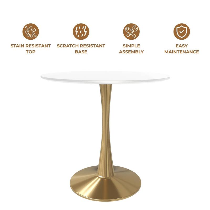 LeisureMod Bristol 27" Round Dining Table for 4 with MDF Tabletop in Gold Steel Base for Kitchen & Dining Room
