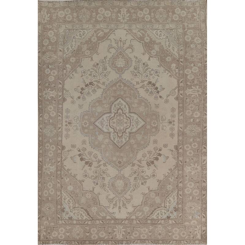 Distressed Beige Tabriz Persian Vintage Rug Hand-Knotted Wool Carpet - 6'4"x 9'3"