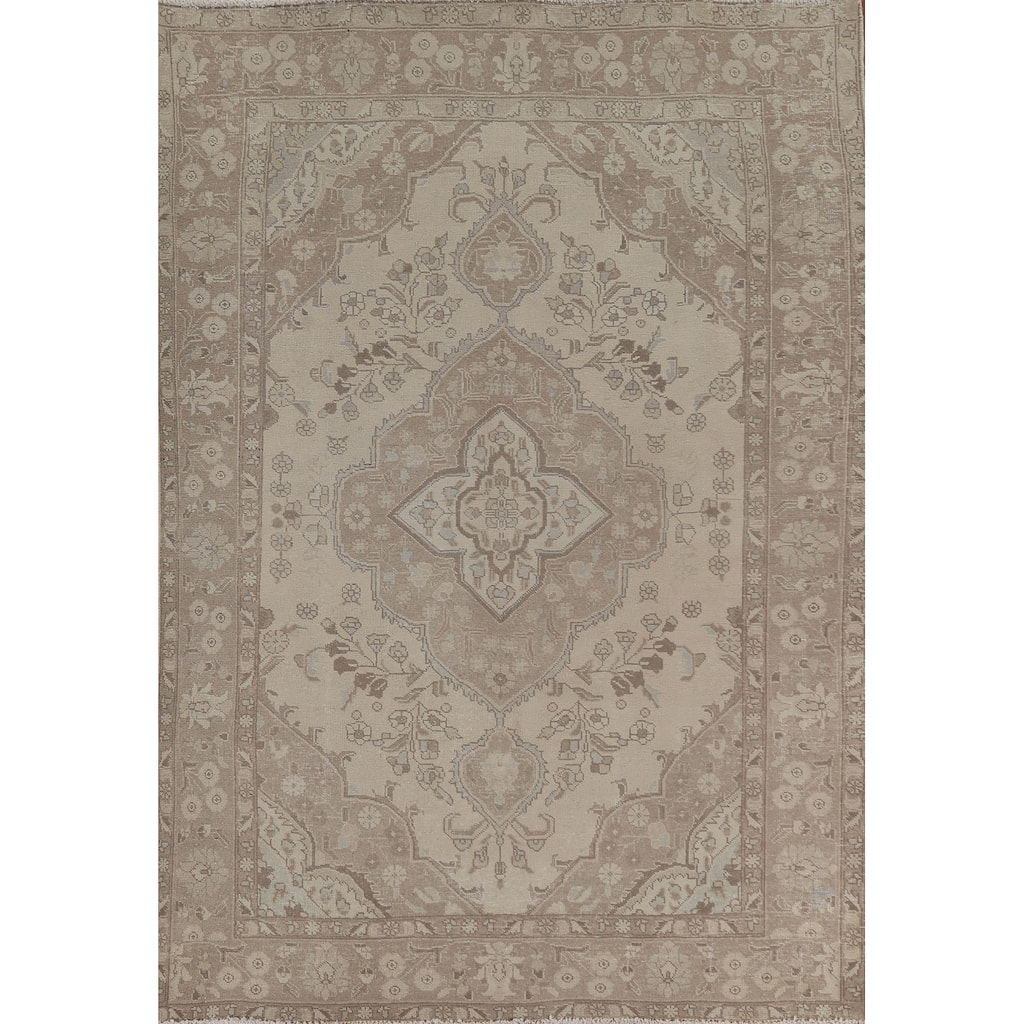 Distressed Beige Tabriz Persian Vintage Rug Hand-Knotted Wool Carpet - 6'4"x 9'3"