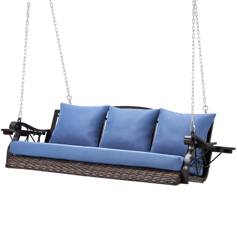 3-Person Wicker Patio Swing with Cushions & Pillows - Brown/Blue