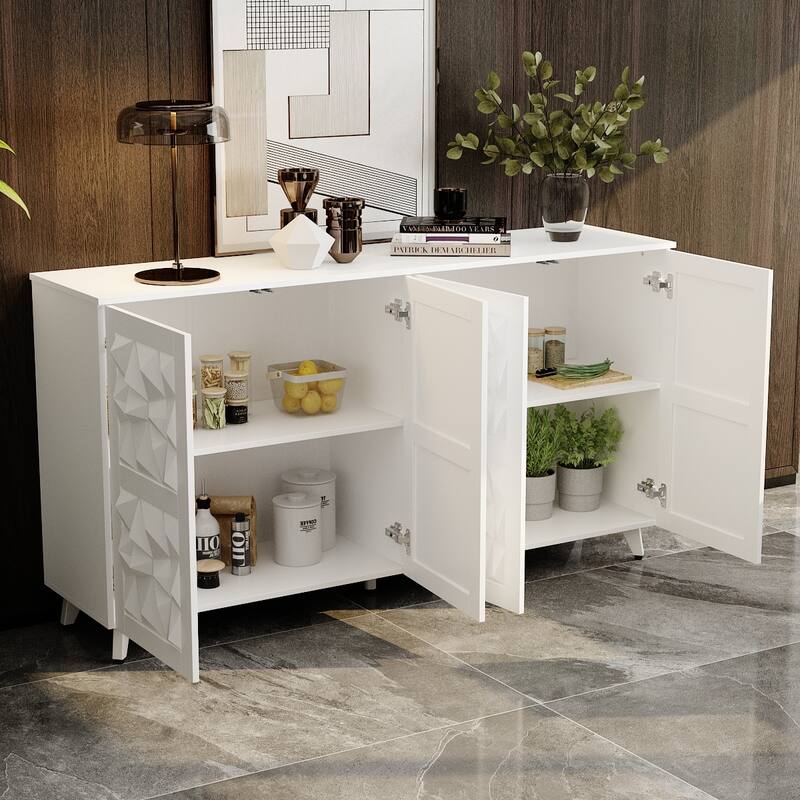 Geometric 4-Door Sideboard Buffet Cabinet with Adjustable Shelves, White Finish