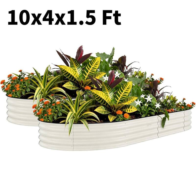2 PCS 10x4x1.5 FT Galvanized Steel Raised Garden Bed, Planter for Vegetables, Flowers with Anti-Cut Strips - N/A - White