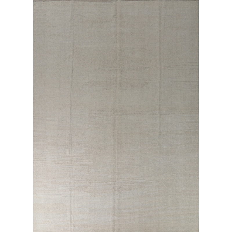 Hand Woven Oriental Cotton Carpet Modern Solid Beige & Ivories Kilim Area Rug - 12' 4'' X 9' 9''