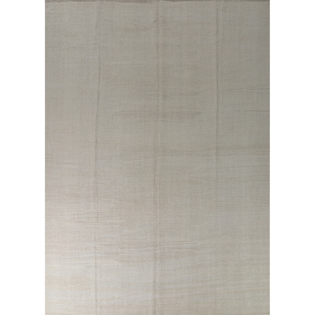 Hand Woven Oriental Cotton Carpet Modern Solid Beige & Ivories Kilim Area Rug - 12' 4'' X 9' 9''
