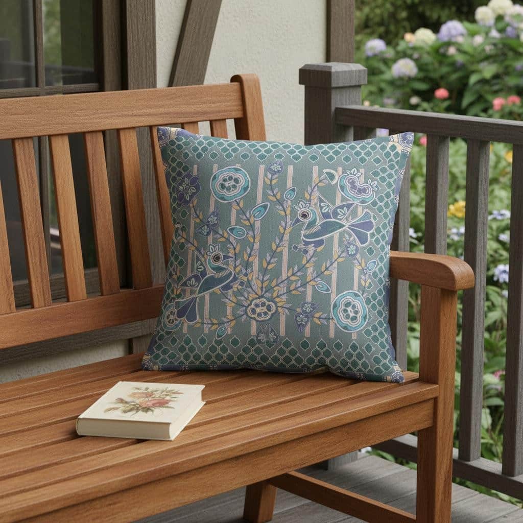 HomeRoots 20" x 20" Blue and Gray Peacock Blown Seam Floral Indoor Outdoor Throw Pillow - 20.00' X '5.00' X '20.00