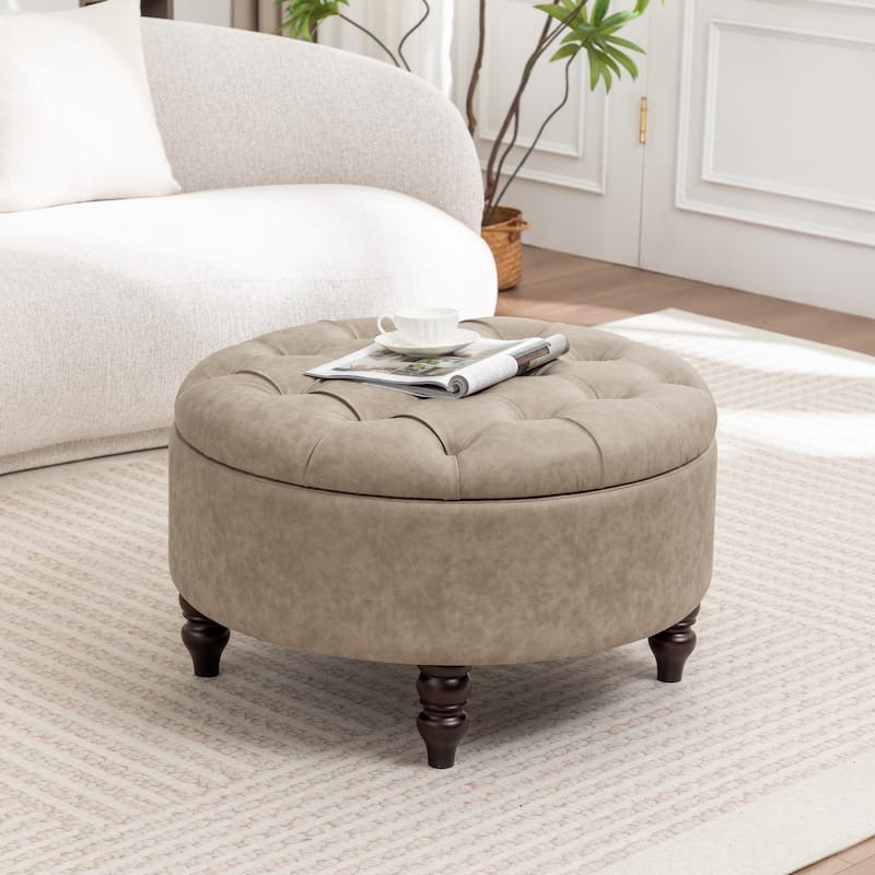 SEYNAR 29.5''Modern PU Leather Round Storage Ottoman with Wood Legs