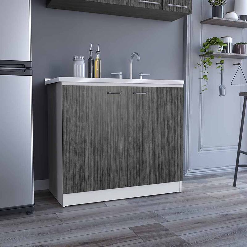 Freestanding Sink Cabinet with Double Doors and Two Shelves, White / Black, Practical Design, Stainless Steel - 39.3 in W Engineered Wood - Smokey Oak