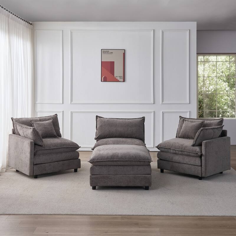 105" Modern L-Shaped Chenille Fabric Sectional Sofa with Ottoman