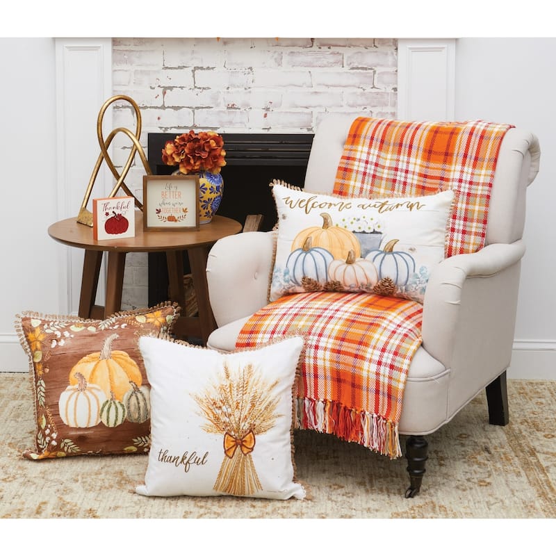 Thankful Wheat 18" x 18" Printed and Embroidered Throw Pillow