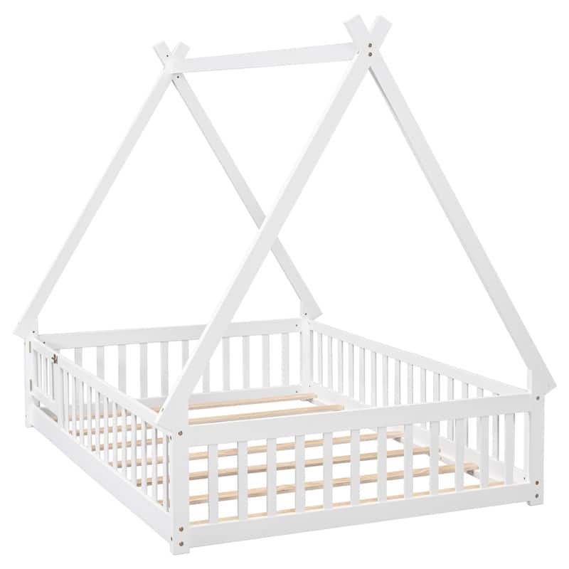 Full Tent-shaped Floor Bed,with Guardrails,Slats,Door