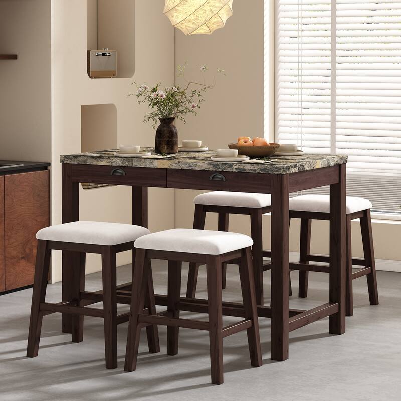 Modern Faux Marble Bar Table Set with Storage & Stools - 5-Piece Sets - Walnut