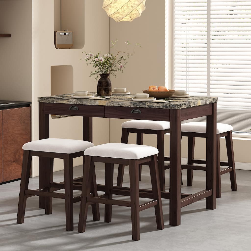 Modern Faux Marble Bar Table Set with Storage & Stools