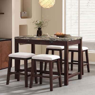 Modern Style Faux Marble Versatile Bar Table Set with Storage Drawers and Padded Stools