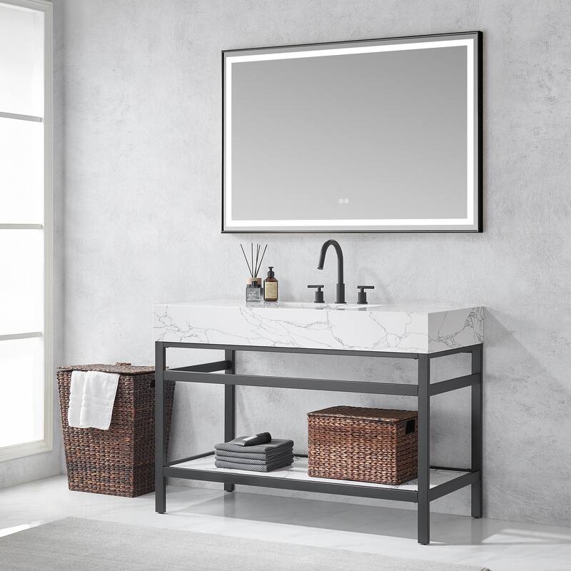 Ecija Bath Vanity, Metal Support with Composite Stone Top and Mirror