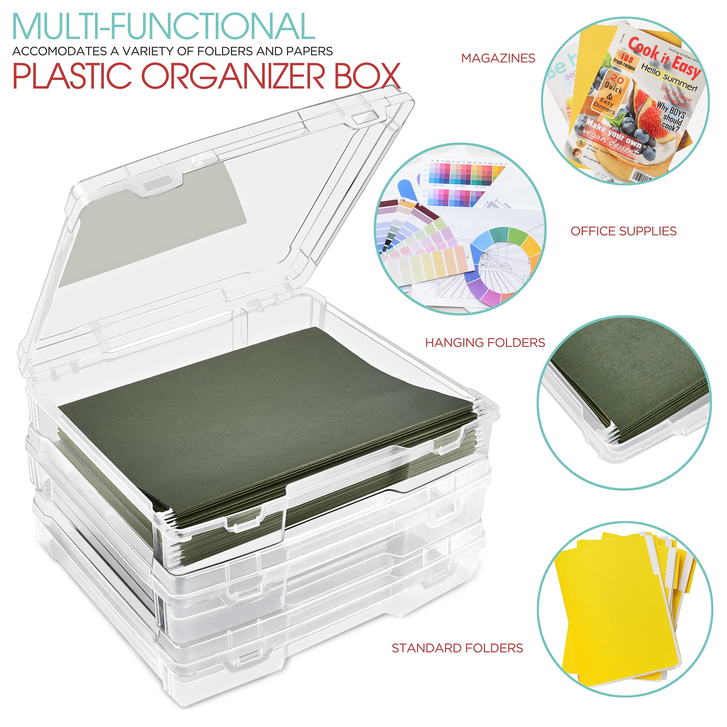 Sorbus Set of 3 Wide Hanging File Organizer Bin, Interior 10"x12" Clear Plastic Stackable for Document Storage