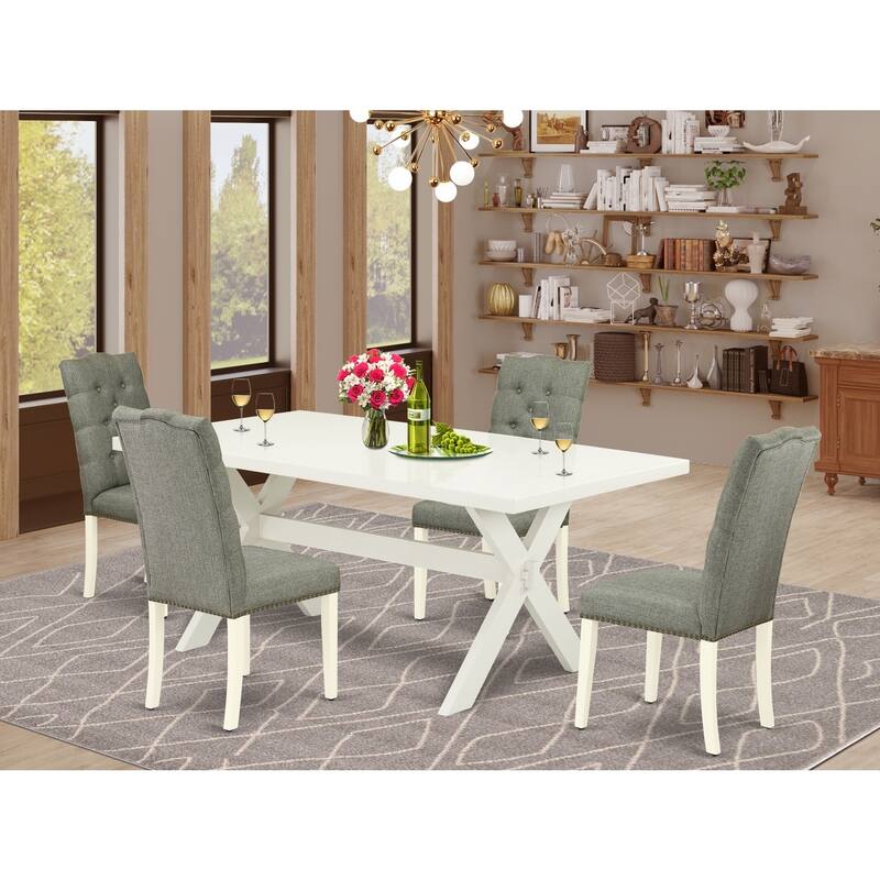5-Piece Linen White Dining Set - Kitchen Table & 4 Parsons Chairs - Old World Charm Design - 72