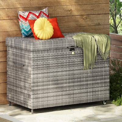 230 Gallon Wicker Deck Box with Wheels - Large Outdoor Storage Cabinet for Patio Furniture and Pool Supplies
