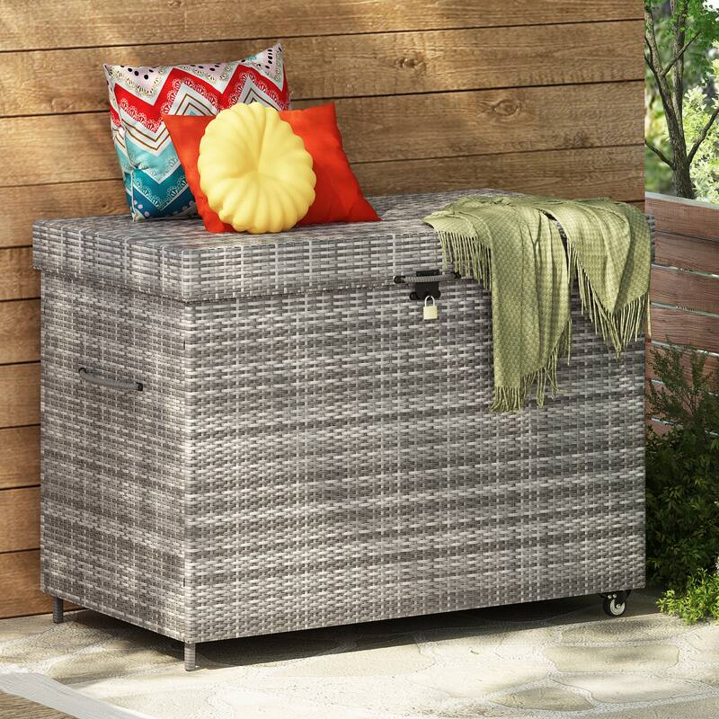 All-Weather Outdoor 230 Gallon Storage Box with Wheels, Rattan Storage Bin