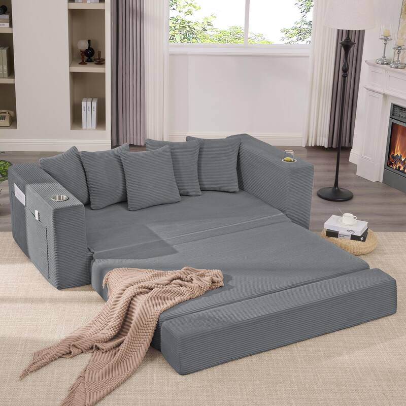 2-in-1 Convertible Sleeper Sofa, Floor Folding Couch, Sofa Bed with Side Pocket, Pull Out Loveseat with Cup Holders