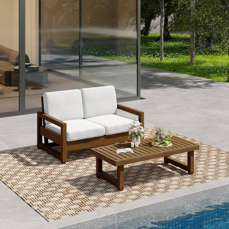 Outdoor Patio Loveseat Table Set Teak Wood with Cushion