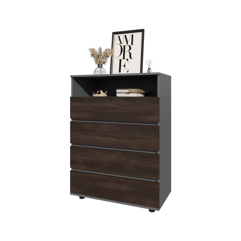 Tokio 4 Drawer Dresser with Open Shelf, Stained Walnut