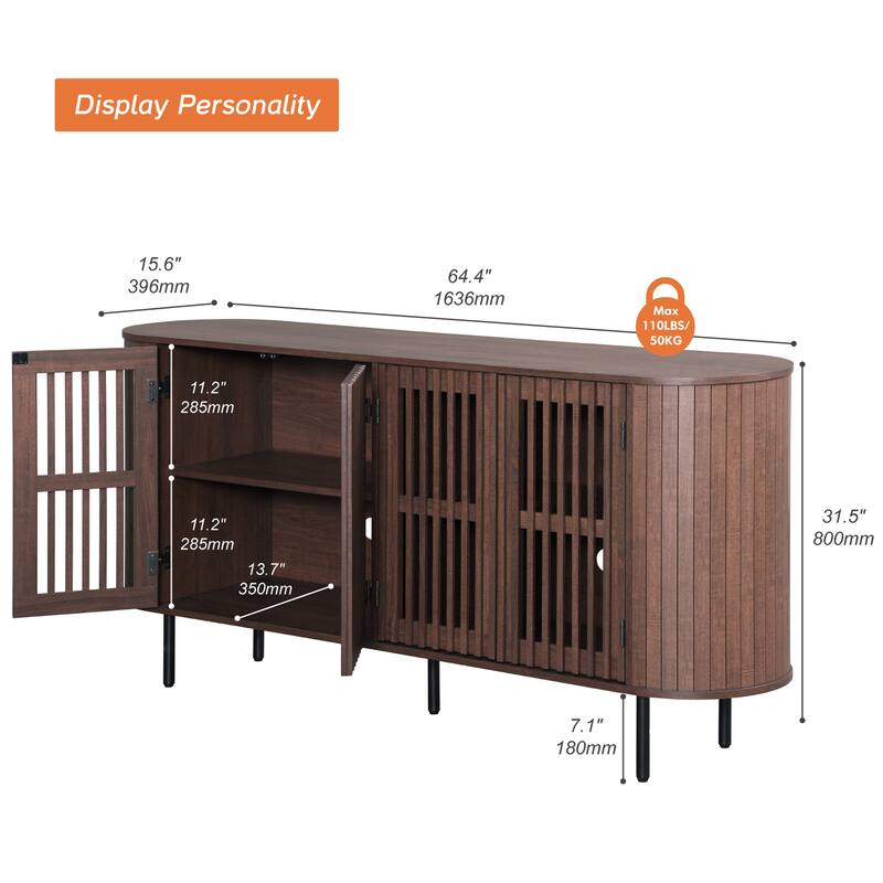 WAMPAT 64.4" Fluted TV Stand,Wood Entertainment Center for TVs Up to 70 inches