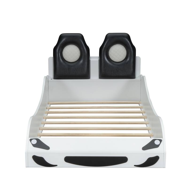 Wood Twin Size Race Car-Shaped Platform Bed With Led And Upholstered Backrest