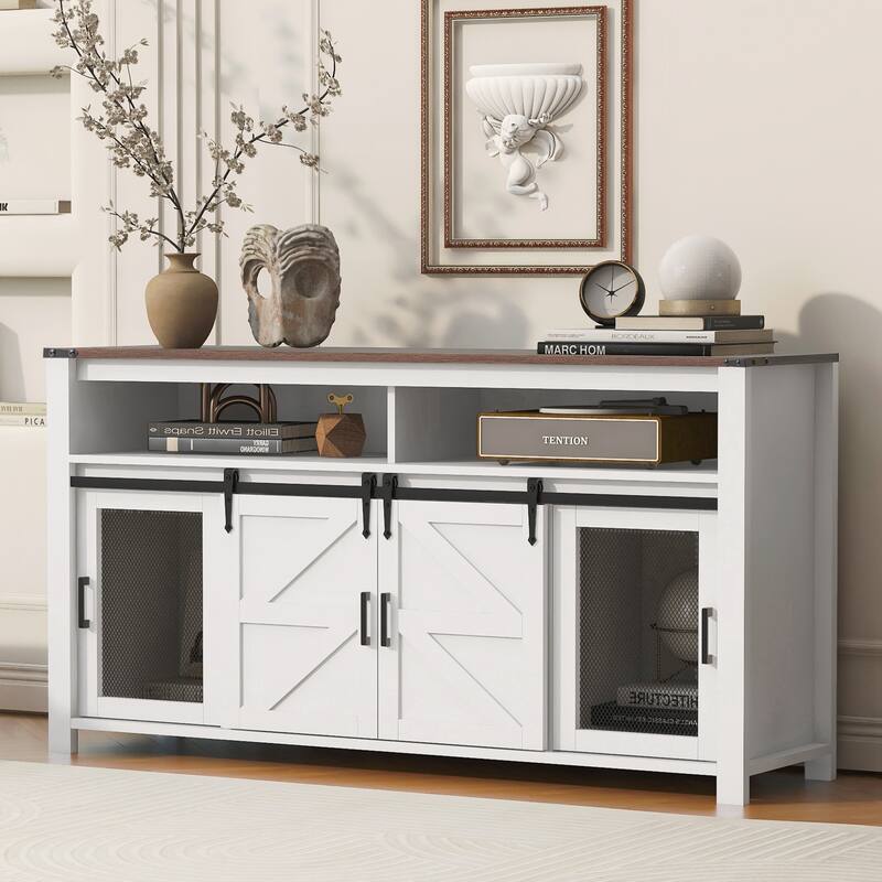 Sideboard with Sliding Barn Door and Mesh Panels,Farmhouse Buffet with Open Storage