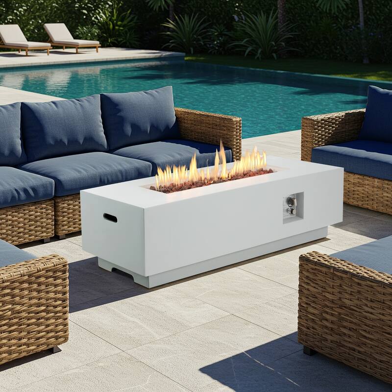 50,000 BTU 30" Outdoor White Round Propane Fire Pit Table and Set - White-Rectangle Table