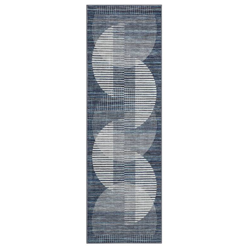Washable Area Rugs Living Room Modern Geometric Stripes Rug Non Slip Low Pile Semi-Circle Pattern Rug