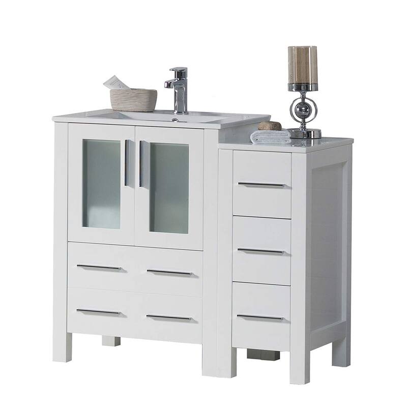 Blossom 36" Solid Wood Bathroom Vanity w/ Ceramic Sink & Side Cabinet - Glossy White