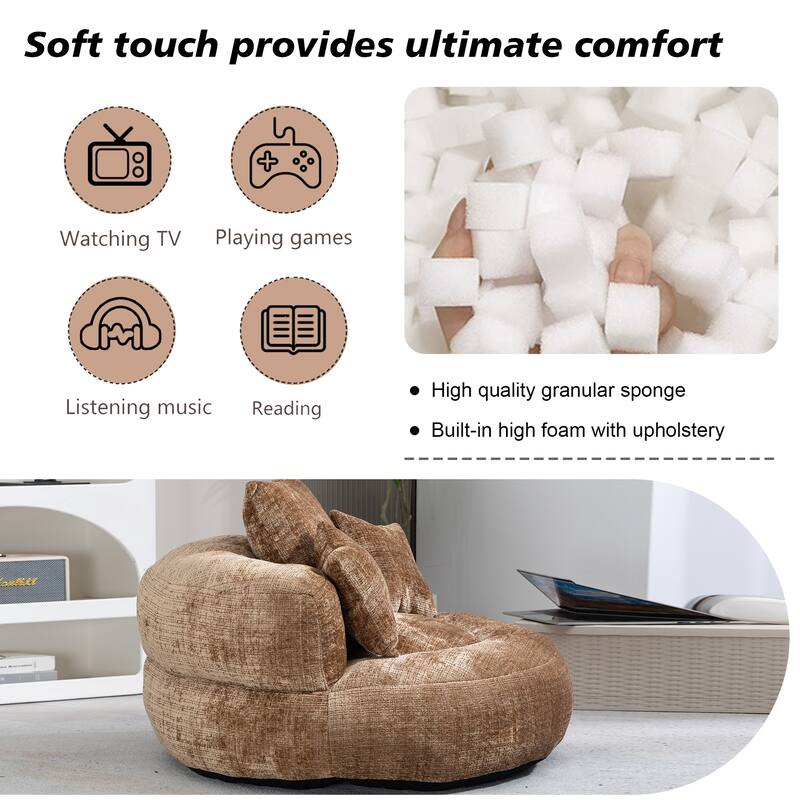 Chenille Upholstered Durable Comfort Lounger High Back Bean Bag Lazy Sofa With Three Pillows