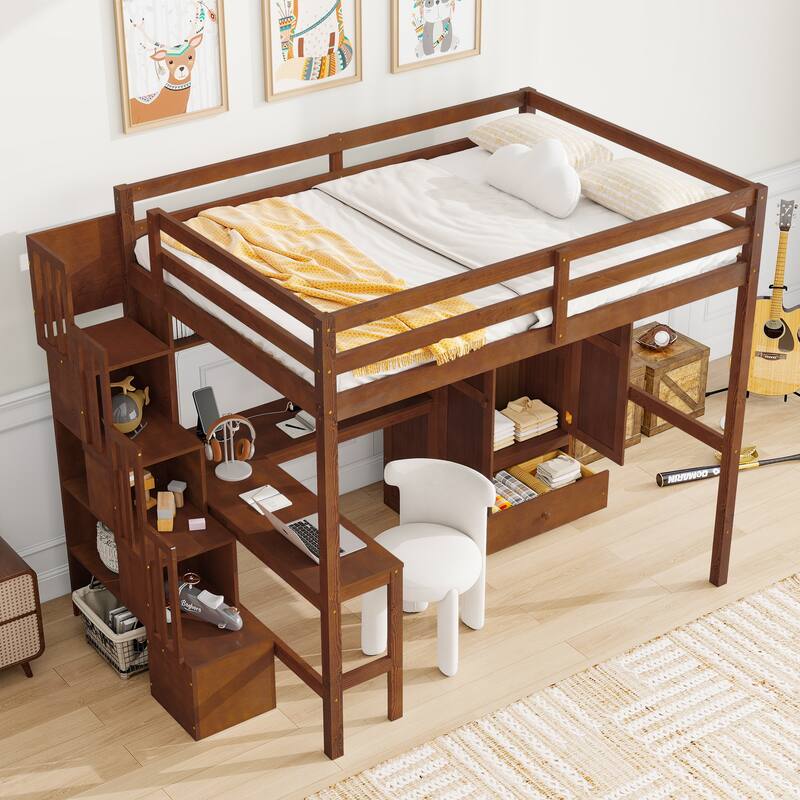 Full Size Wooden Loft Bed with Wardrobe, L-Shaped Desk, Bookshelves and Storage Staircase - Walnut - Full