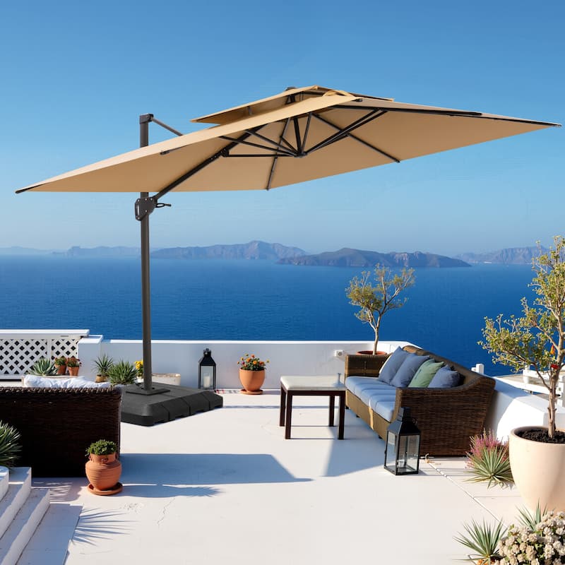 Outdoor Patio 10FT Square Cantilever Umbrella with 4-Piece Fillable Weighted Base - Tan
