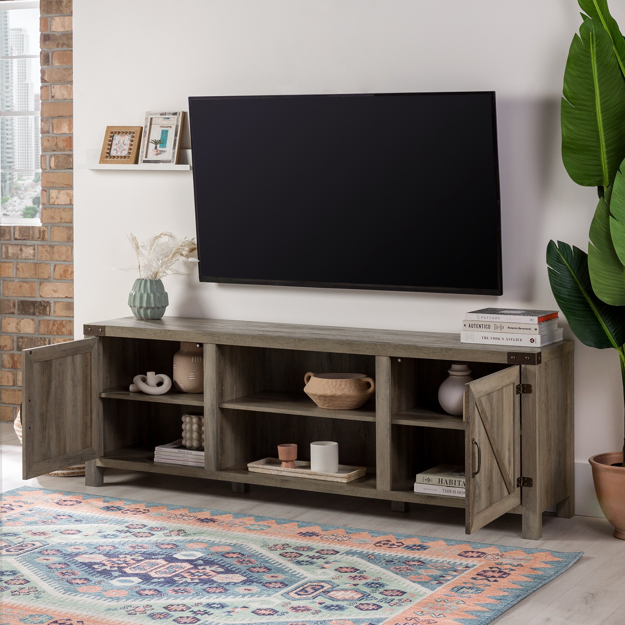 Gray barn door tv store stand 70 inch
