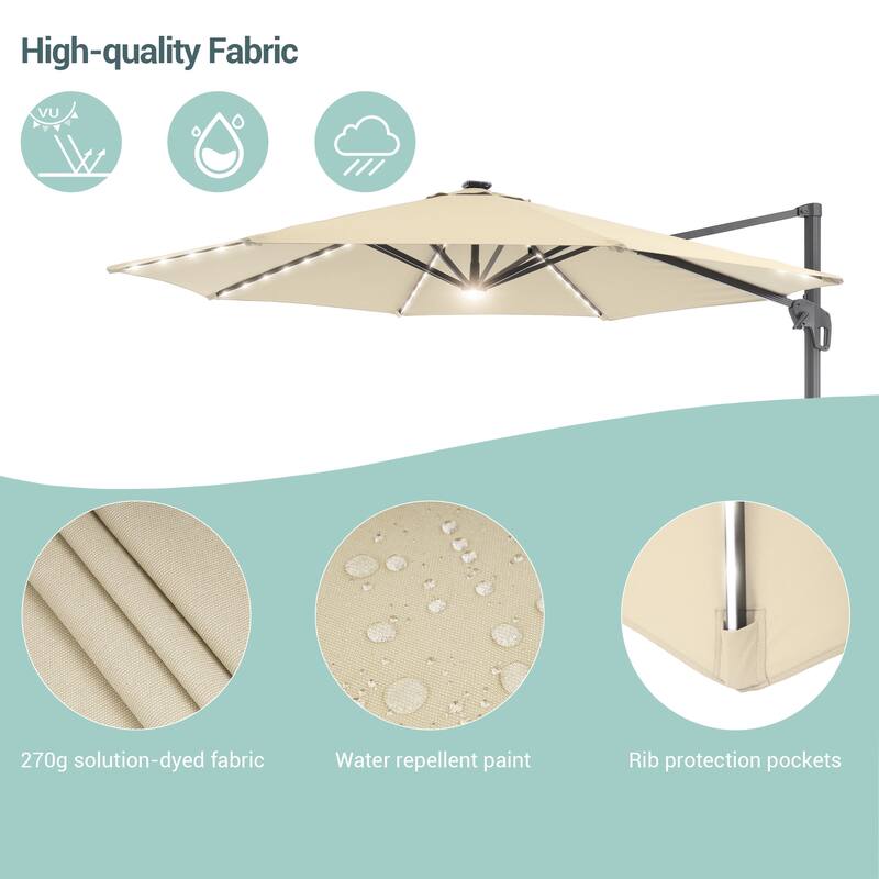 LIVOOSUN 11Ft Aluminum LED Patio Cantilever Offset Umbrella With Base